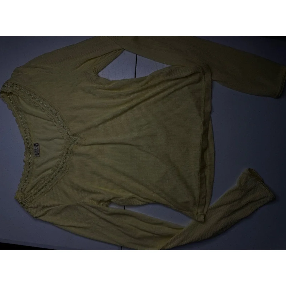 Free People Intimately Yellow Pointelle Lace Trim Ribbon Long‎ Sleeve Top Medium